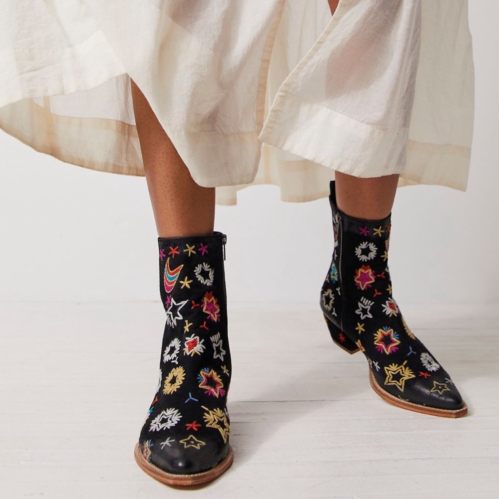 Free People Bowers Embroidered Ankle Boots in Black Celestial Suede
